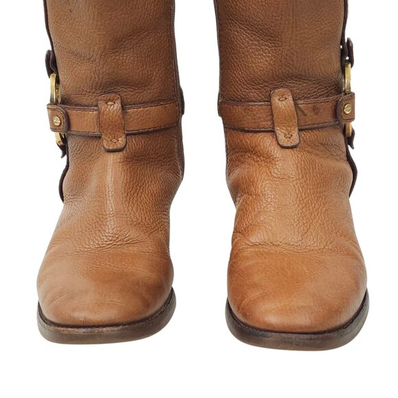 Tory Burch Amanda Tall Riding Boots READ Brown Leather Size 6.5 Side Zip Logo - Picture 7 of 15